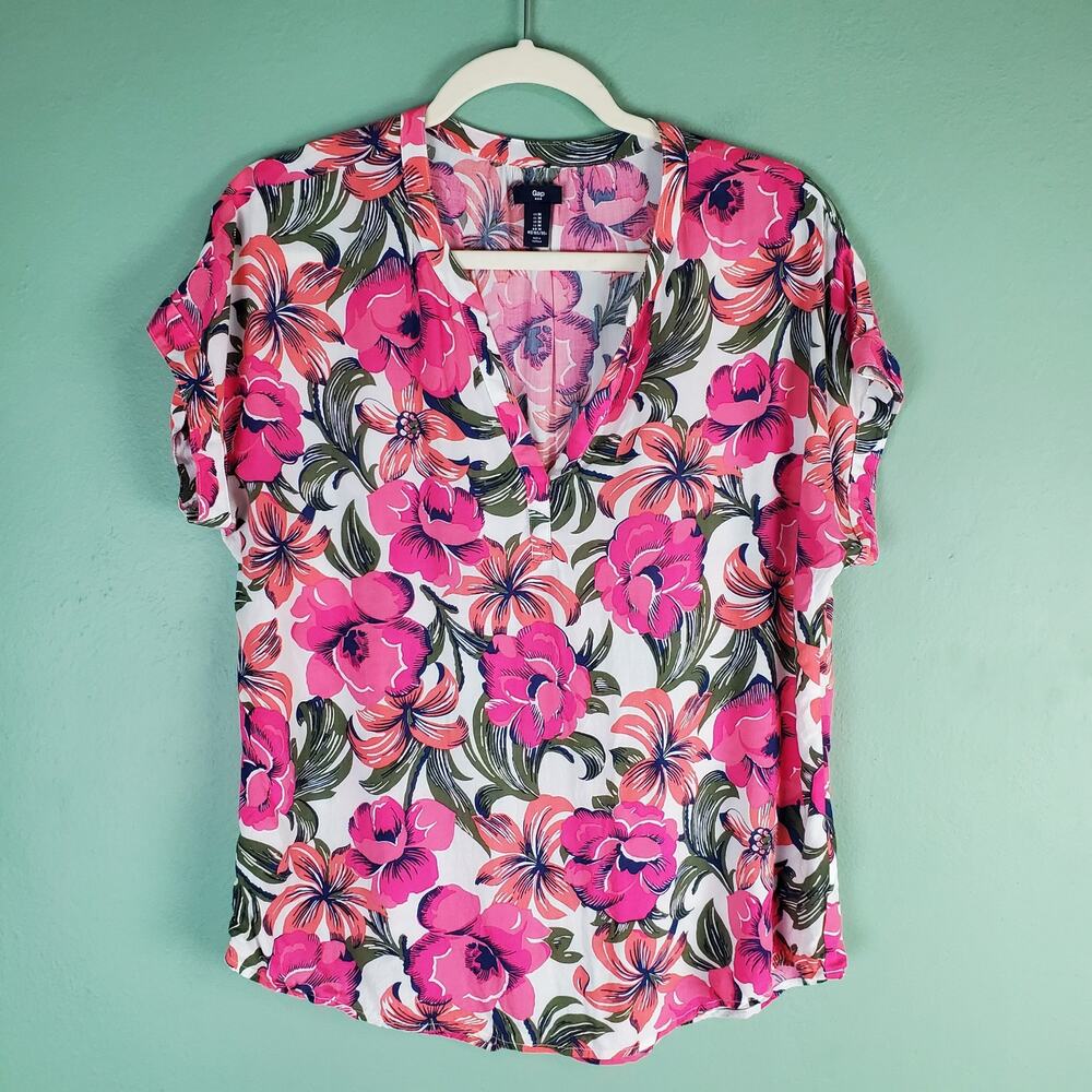 Gap Factory Pink Tropical Floral Print Short Sleeve Dolman Top Size Medium